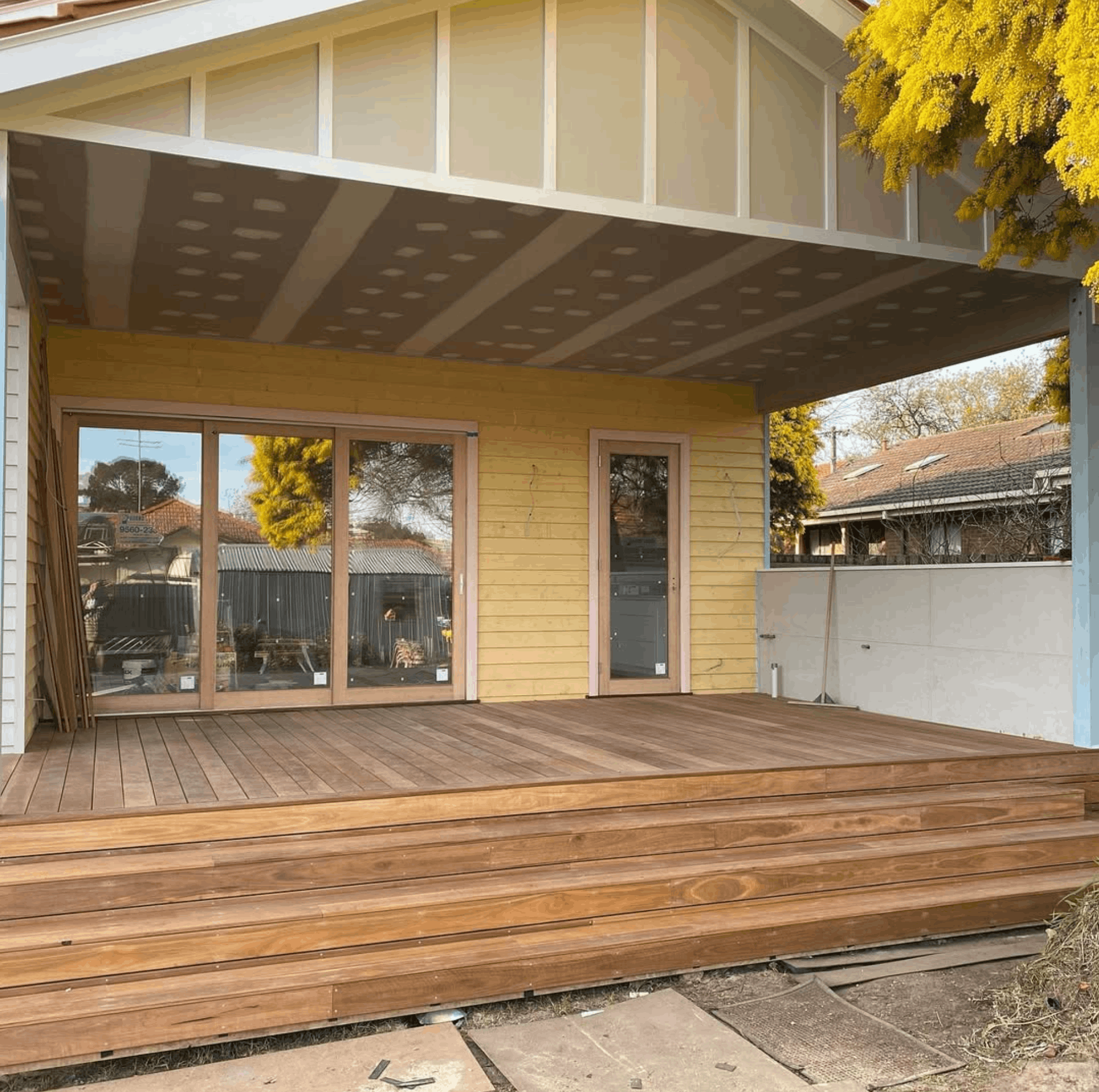 Spotted gum timber decking and cladding on a Melbourne home extension