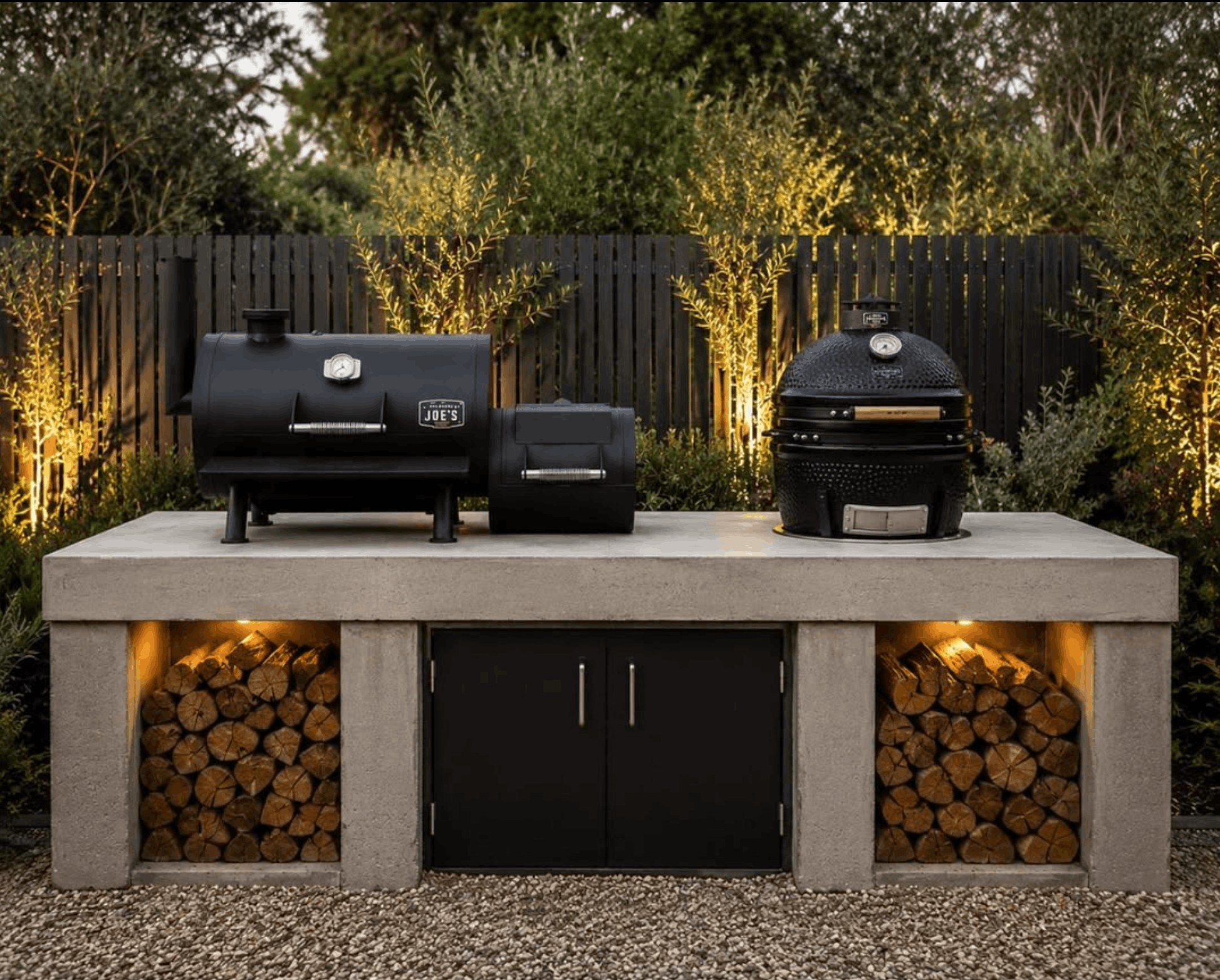 Outdoor entertaining area with concrete bench and timber screening