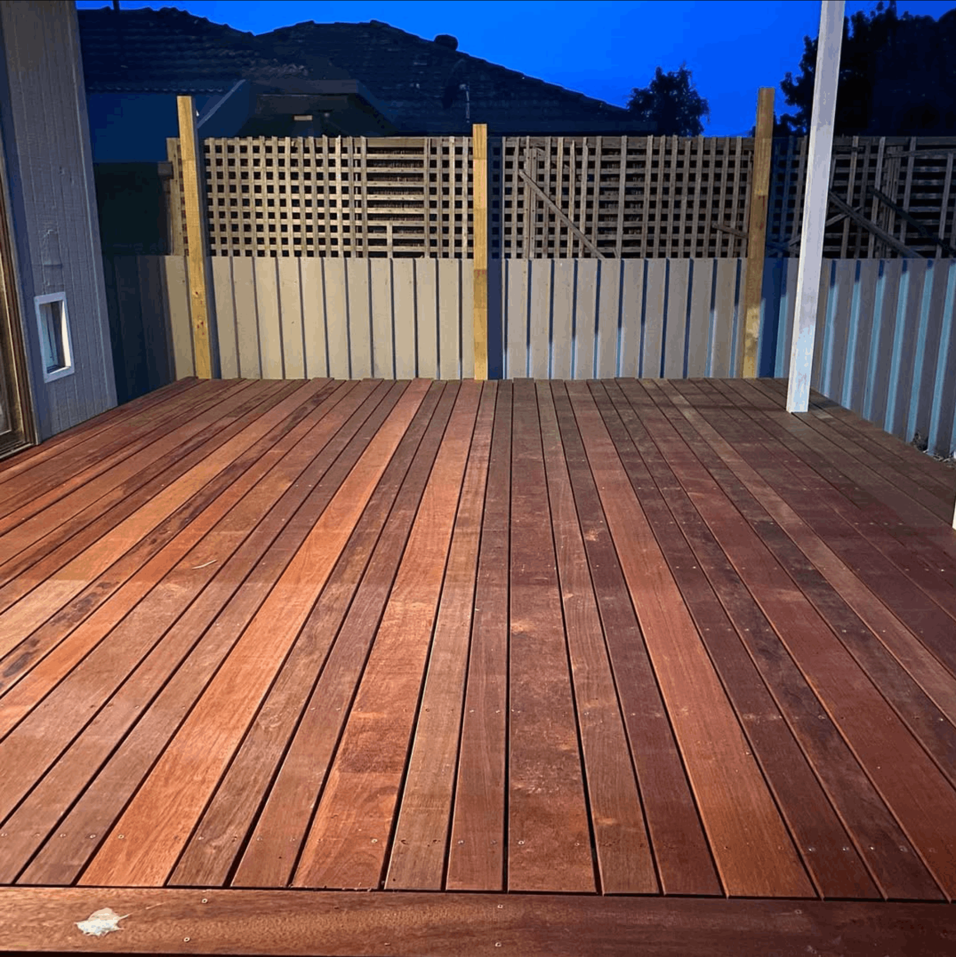 Hardwood merbau deck finished at dusk in Melbourne's north